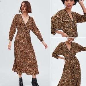 Zara Wrap Front Leopard Print Midi Dress
